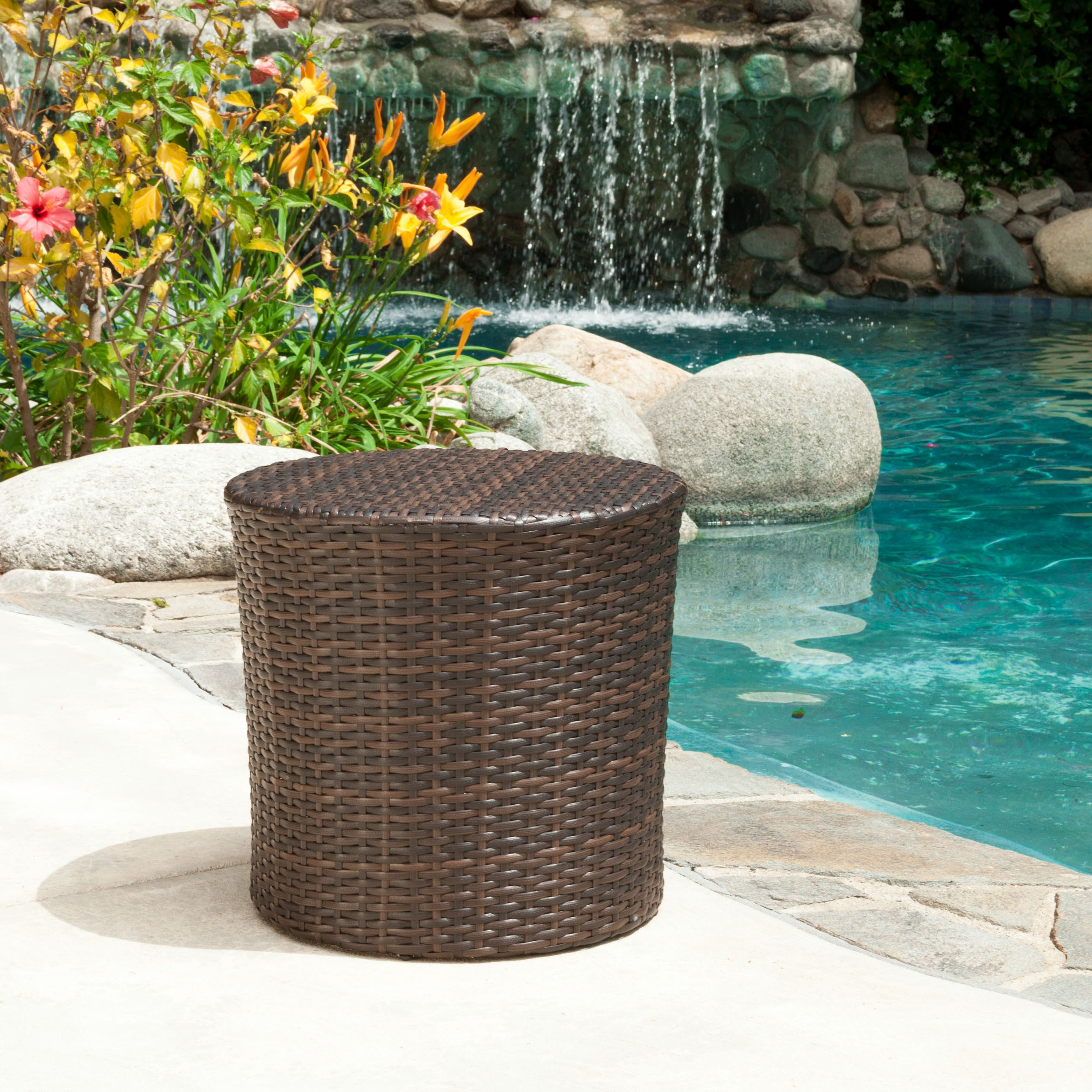 Outdoor Wicker Barrel Side Accent Table, Brown